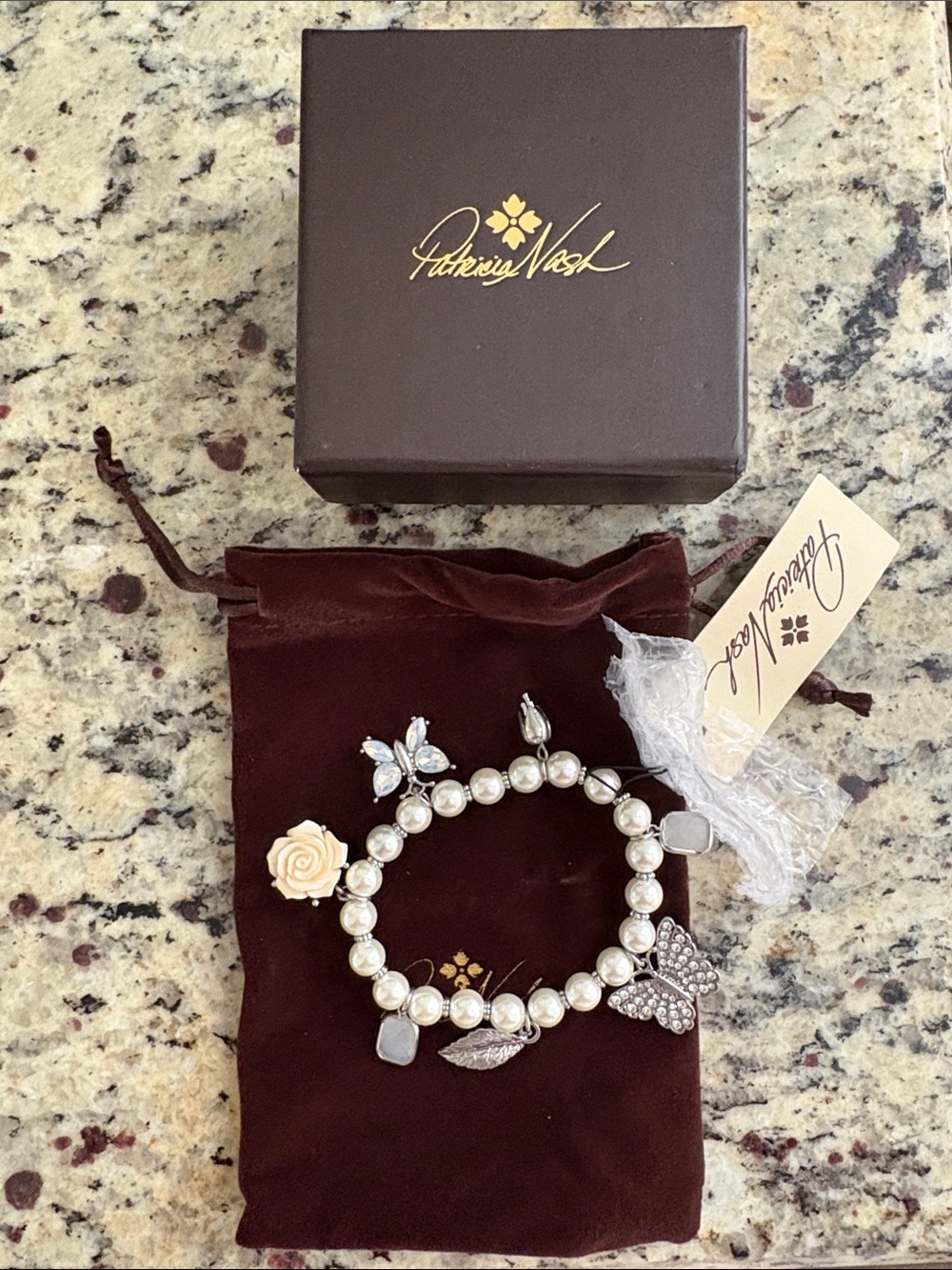 Patricia Nash Ivory Pearl Charm Bracelet with Floral and Butterfly Charms